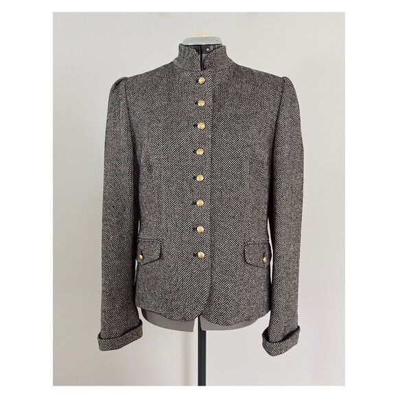 VTG Chaps Sz L Wool Blend Tweed Herringbone Blazer Banded Collar Button Front - Picture 1 of 8